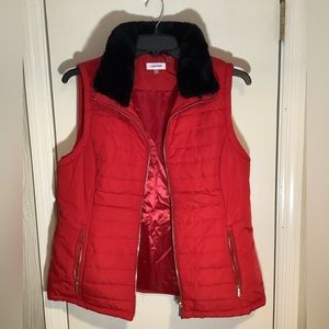 Adorable Red Calvin Klein Puffer Vest with Faux Fur Trim Large